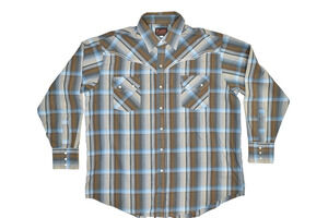 Plains Western Wear Shirt Mens XL Brown Blue Plaid Snap Button Long Sleeve
